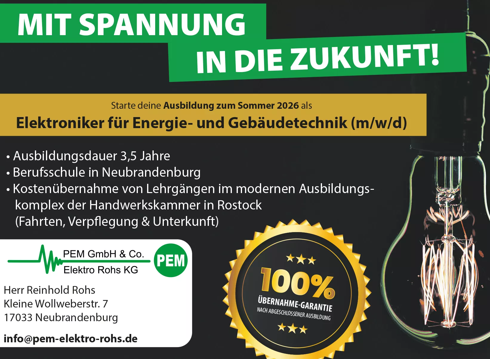 Flyer für Bewerbung bei PEM GmbH & Co. Elektro Rohs KG